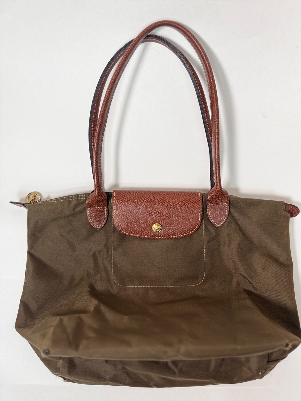 Longchamp Le Pliage Medium Olive Green Long Handle Nylon Shoulder Tote